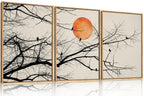 Set of 3 16"X24" Woodcut Mountain Pine Forest Sunrise Framed Canvas Wall Art Rustic Boho Wooden Print for Living Room Bedroom Office, Non-3D