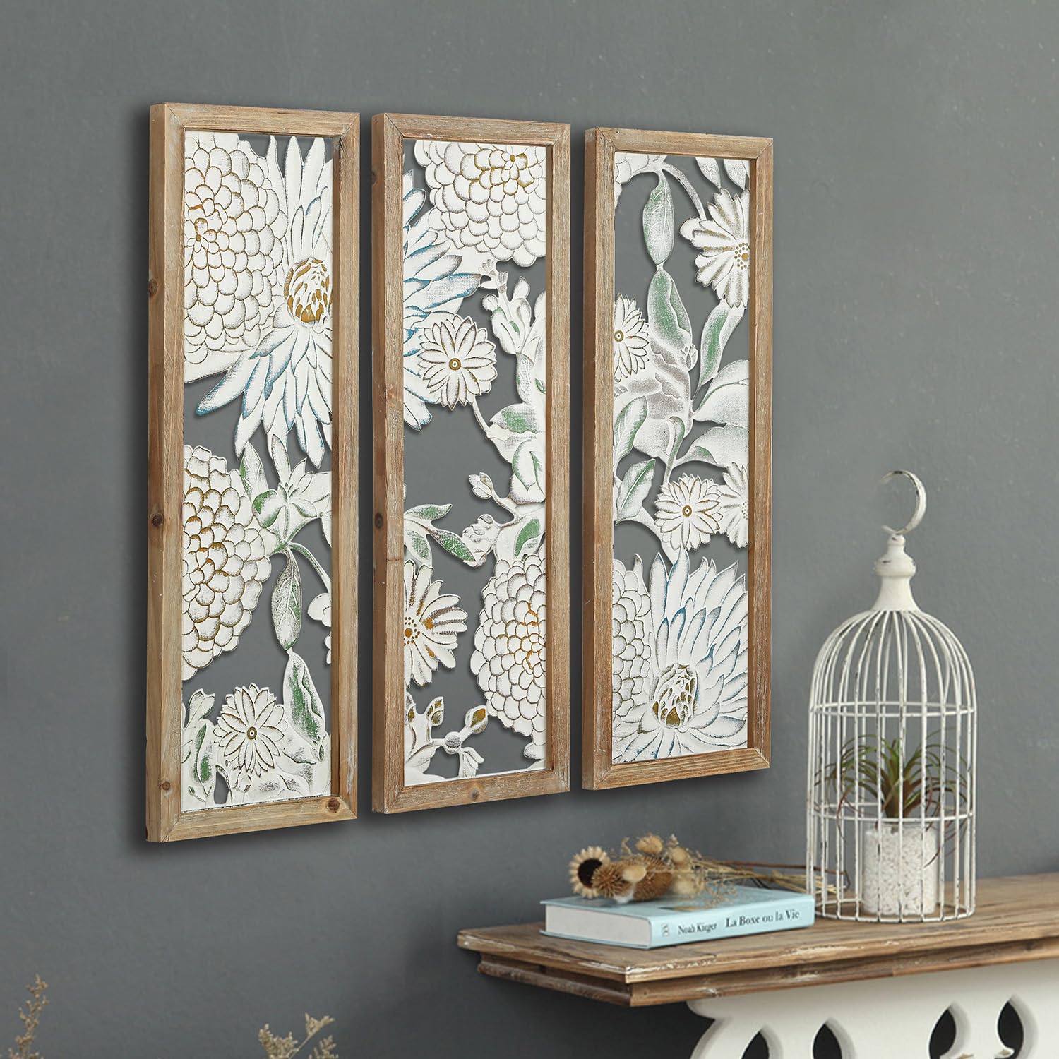 XIAOAIKA Boho Carved Wall Art Decor, 35.5 Inch Hand-Carved Panels, Antique Distressed White Wall Sculpture, Decorative Hanging Wall Décor, Elegant Vintage Wall Art Plaque (3 Panels)
