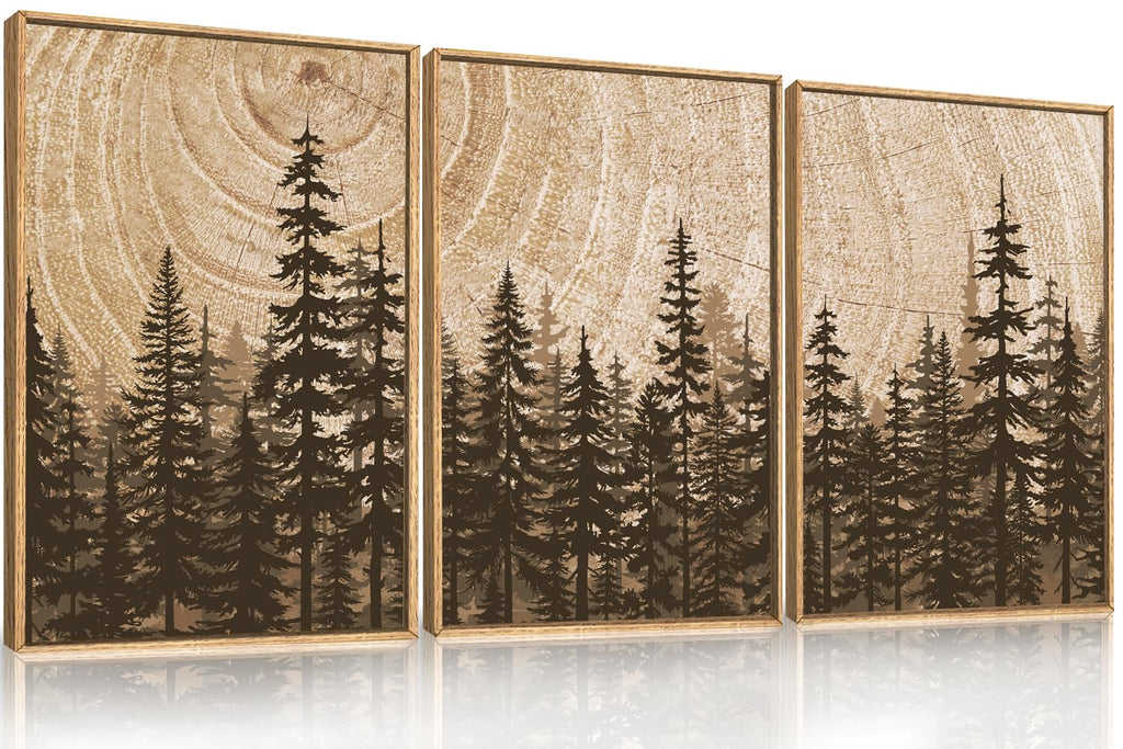Set of 3 16"X24" Woodcut Mountain Pine Forest Sunrise Framed Canvas Wall Art Rustic Boho Wooden Print for Living Room Bedroom Office, Non-3D