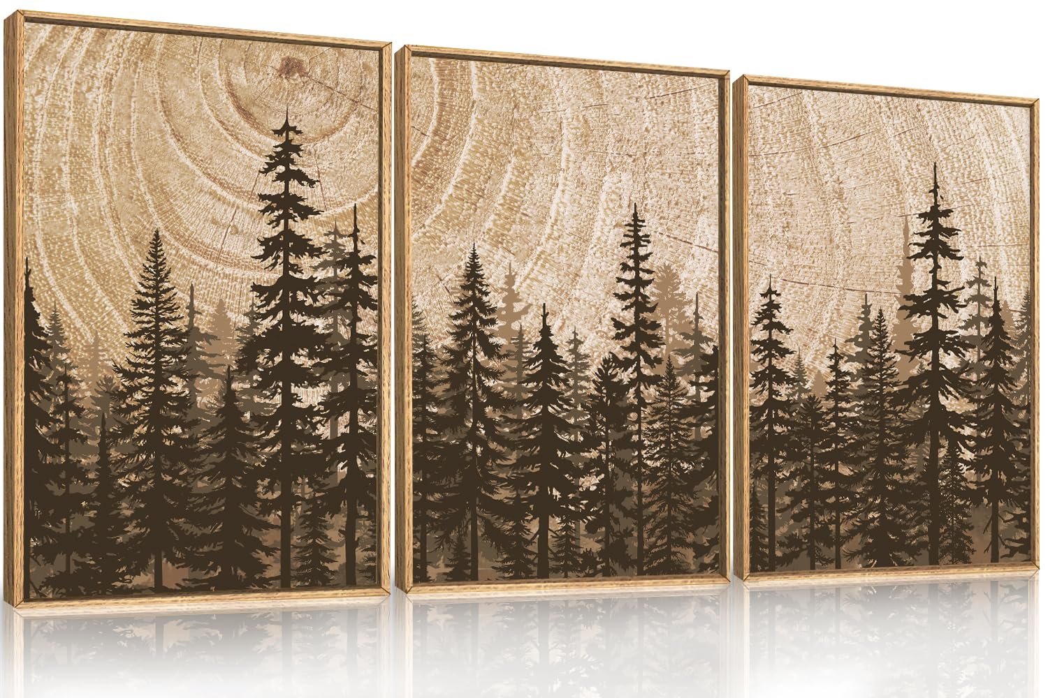 Set of 3 16"X24" Woodcut Mountain Pine Forest Sunrise Framed Canvas Wall Art Rustic Boho Wooden Print for Living Room Bedroom Office, Non-3D