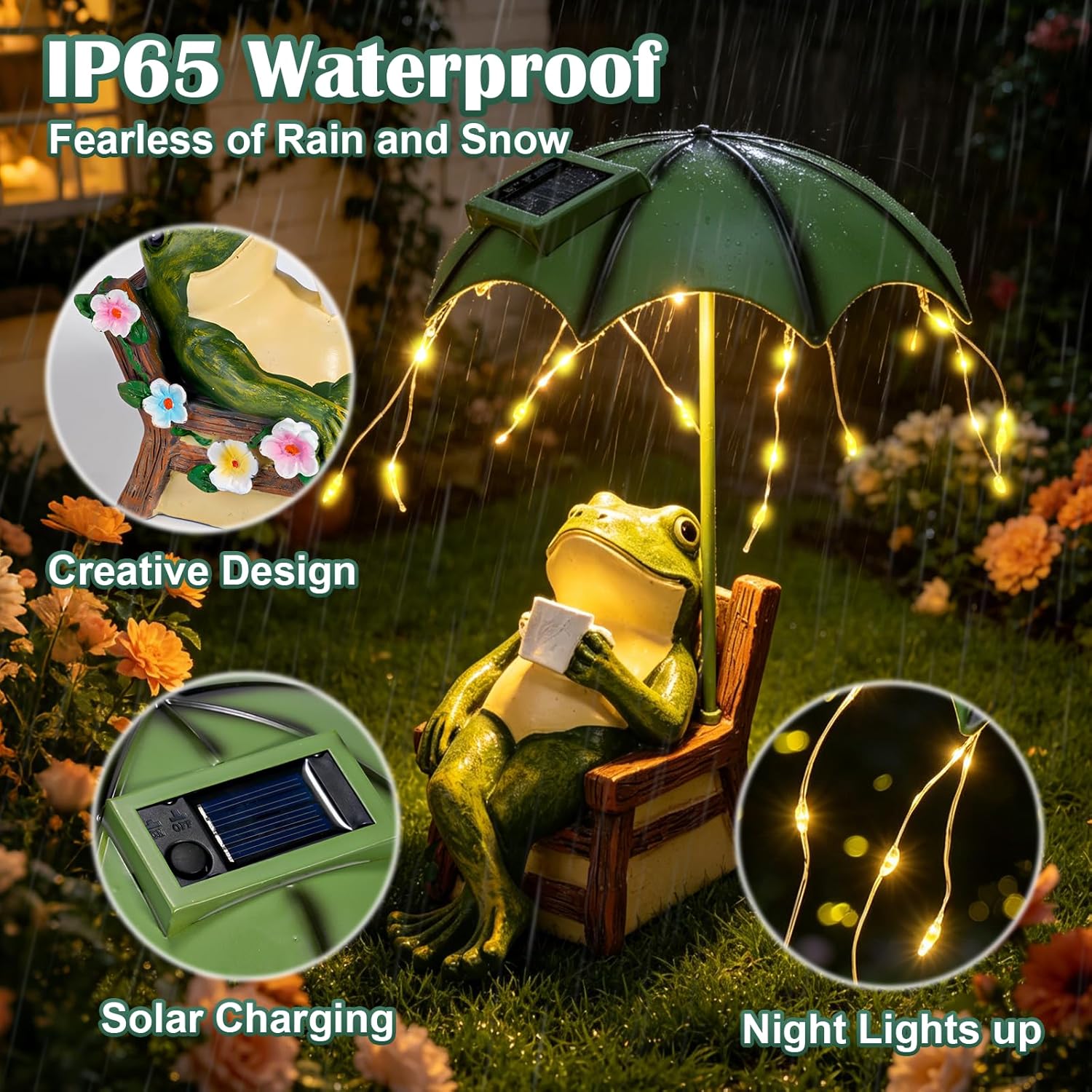 Pohabery Solar Frog Garden Statue - Outdoor Waterproof Decor with Umbrella LED Lights, Funny Relaxing Frog Figurine, Patio Balcony Lawn Ornament, Unique Animal Sculpture Gift
