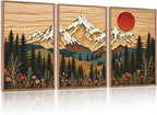 LHIUEM Vintage Woodcut Mountain Framed Canvas Wall Art,Forest Pine Tree Boho Wall Decor,Wilderness Sunset Landscape Artwork for Living Room,Bedroom,Dining Room,Office -16"x24"x3