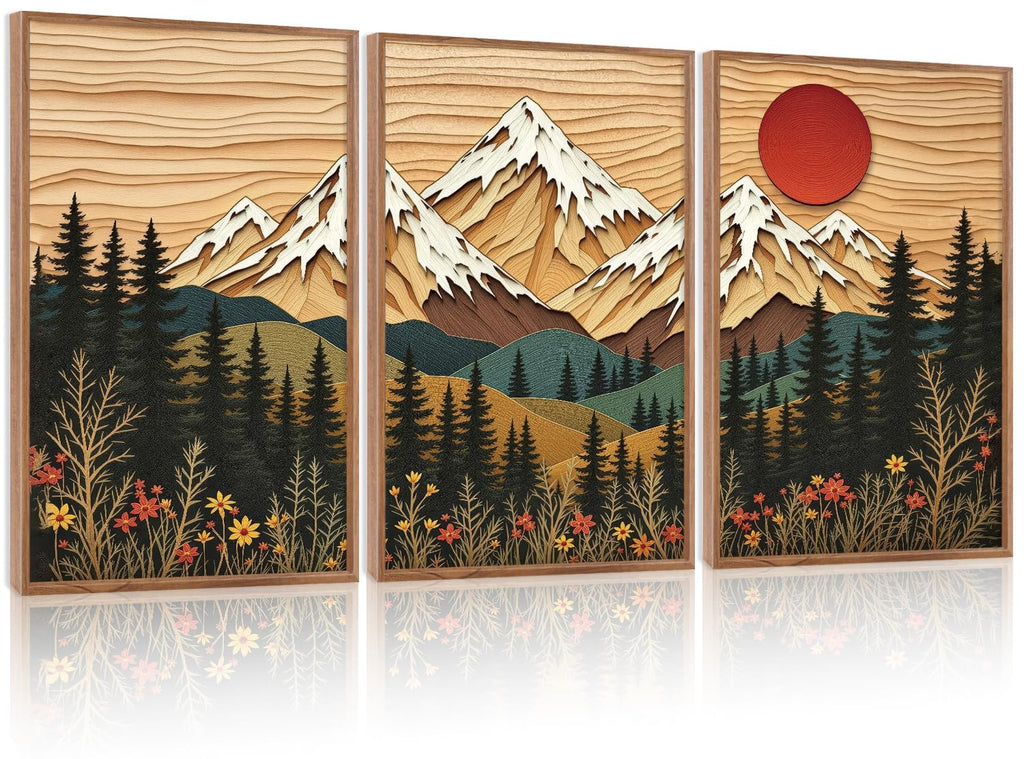LHIUEM Vintage Woodcut Mountain Framed Canvas Wall Art,Forest Pine Tree Boho Wall Decor,Wilderness Sunset Landscape Artwork for Living Room,Bedroom,Dining Room,Office -16"x24"x3