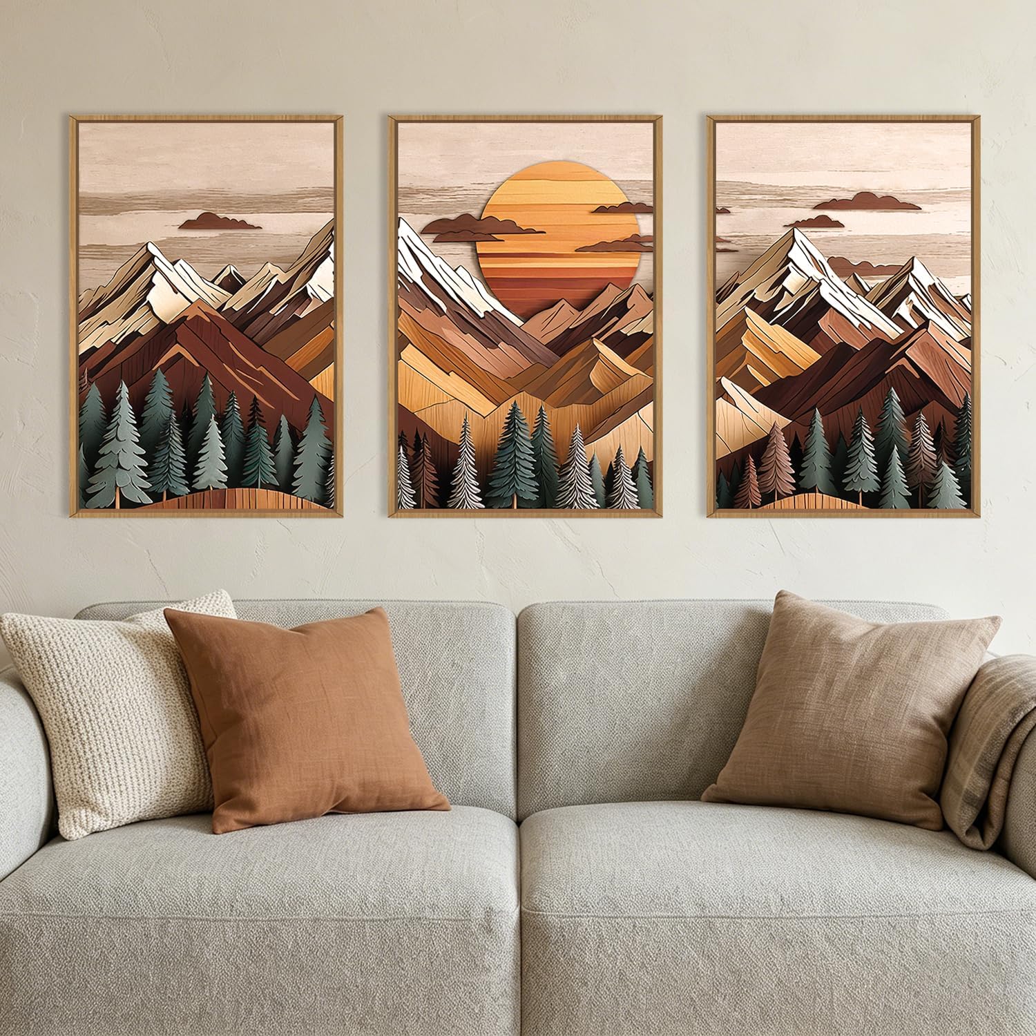 KAIRNE Woodcut Style Mountain Framed Canvas Wall Art Set,Wooden Pine Tree Wall Decor,Vintage Forest Landscape Art Prints,Nature Sunrise Artwork for Living Room,Bedroom,Farmhouse,Office-16 x24 x3