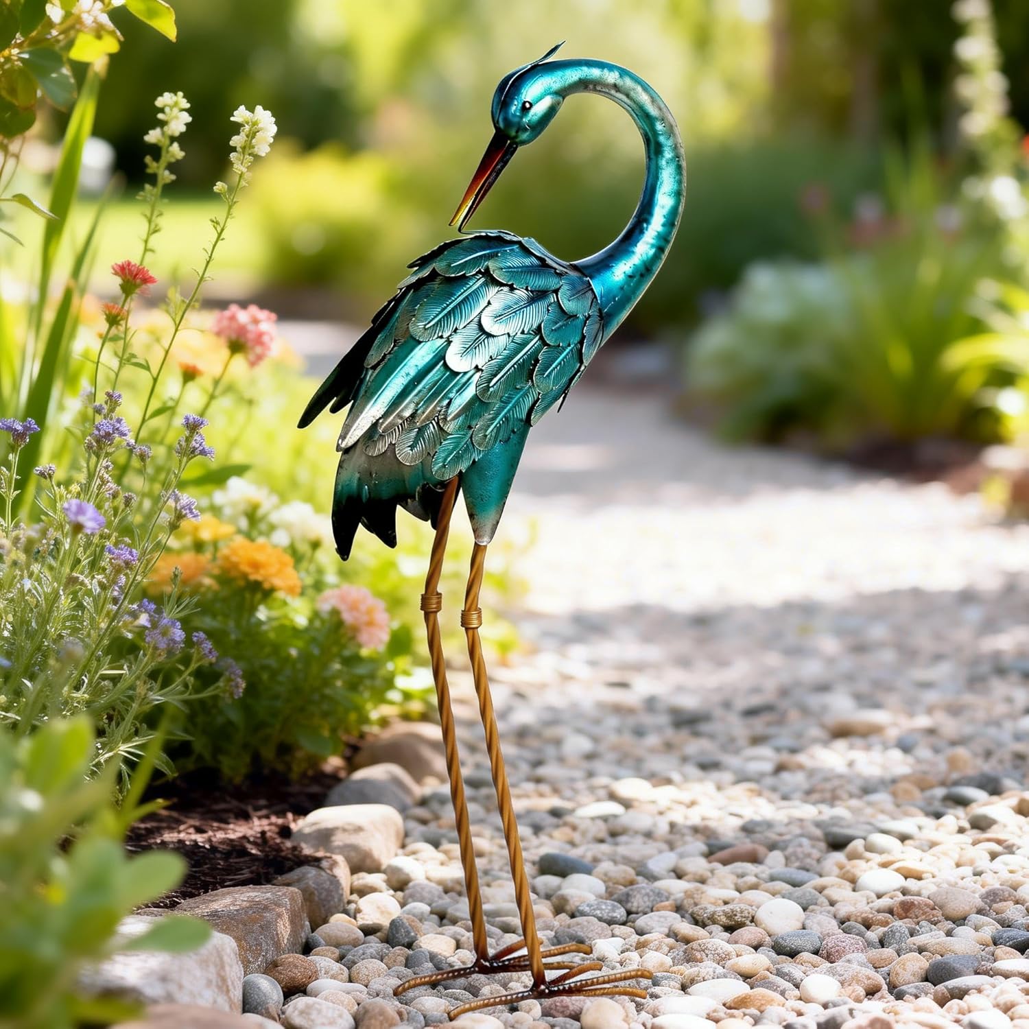 Chisheen Large Metal Blue Heron Crane Garden Statues Bird Decoy Lawn Ornaments for Backyard Pond Patio Porch Outdoor Decor