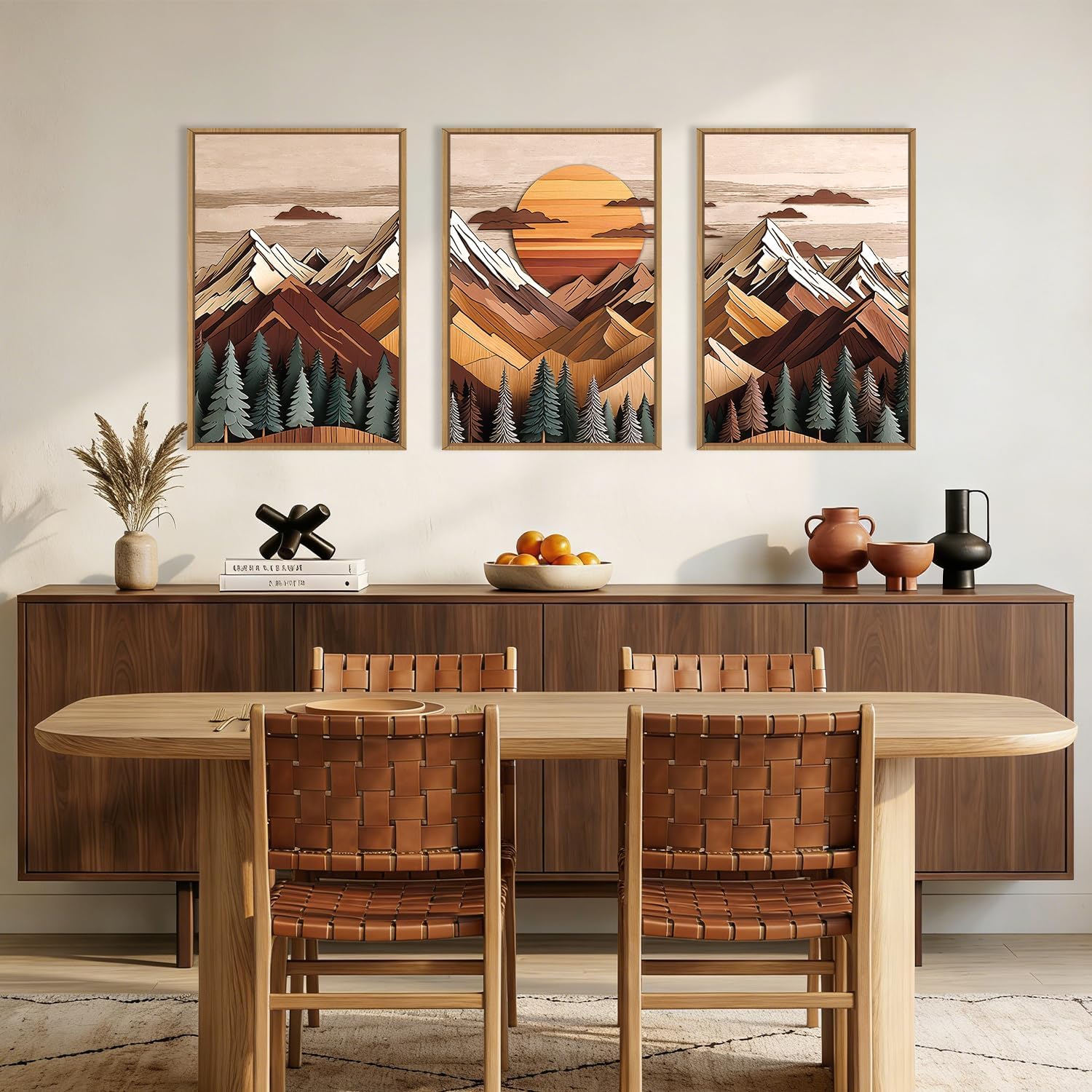 KAIRNE Woodcut Style Mountain Framed Canvas Wall Art Set,Wooden Pine Tree Wall Decor,Vintage Forest Landscape Art Prints,Nature Sunrise Artwork for Living Room,Bedroom,Farmhouse,Office-16 x24 x3