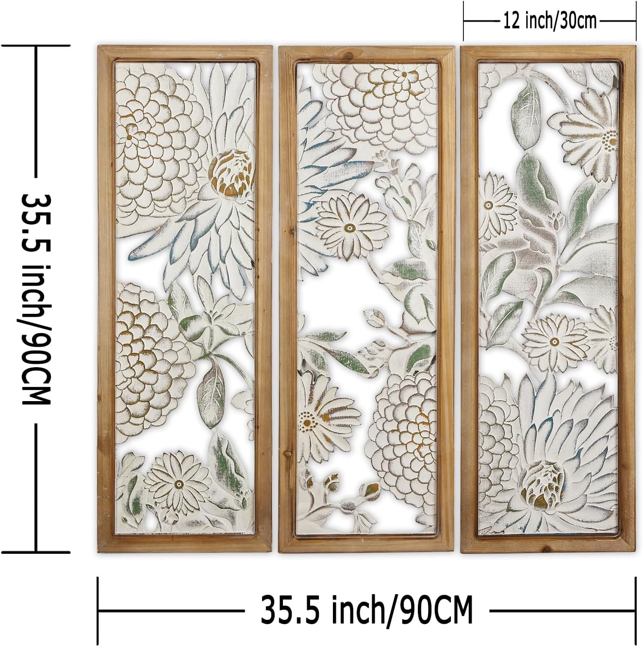 XIAOAIKA Boho Carved Wall Art Decor, 35.5 Inch Hand-Carved Panels, Antique Distressed White Wall Sculpture, Decorative Hanging Wall Décor, Elegant Vintage Wall Art Plaque (3 Panels)