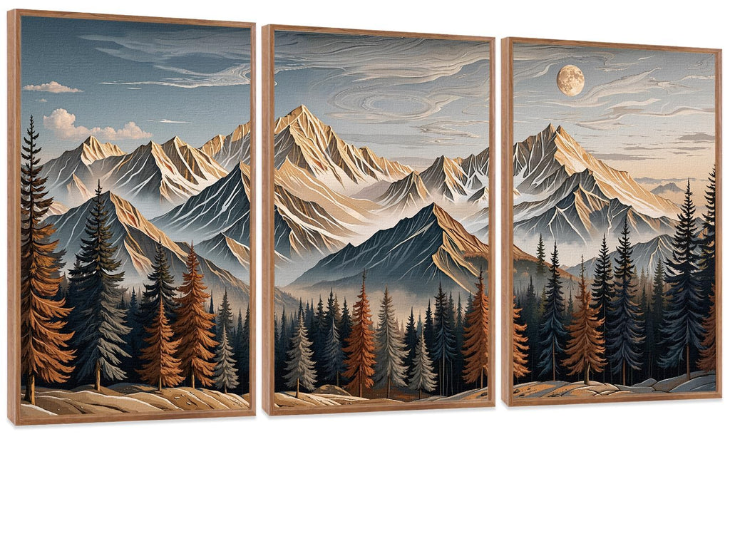 LHIUEM Vintage Woodcut Mountain Framed Canvas Wall Art,Forest Pine Tree Boho Wall Decor,Wilderness Sunset Landscape Artwork for Living Room,Bedroom,Dining Room,Office -16"x24"x3