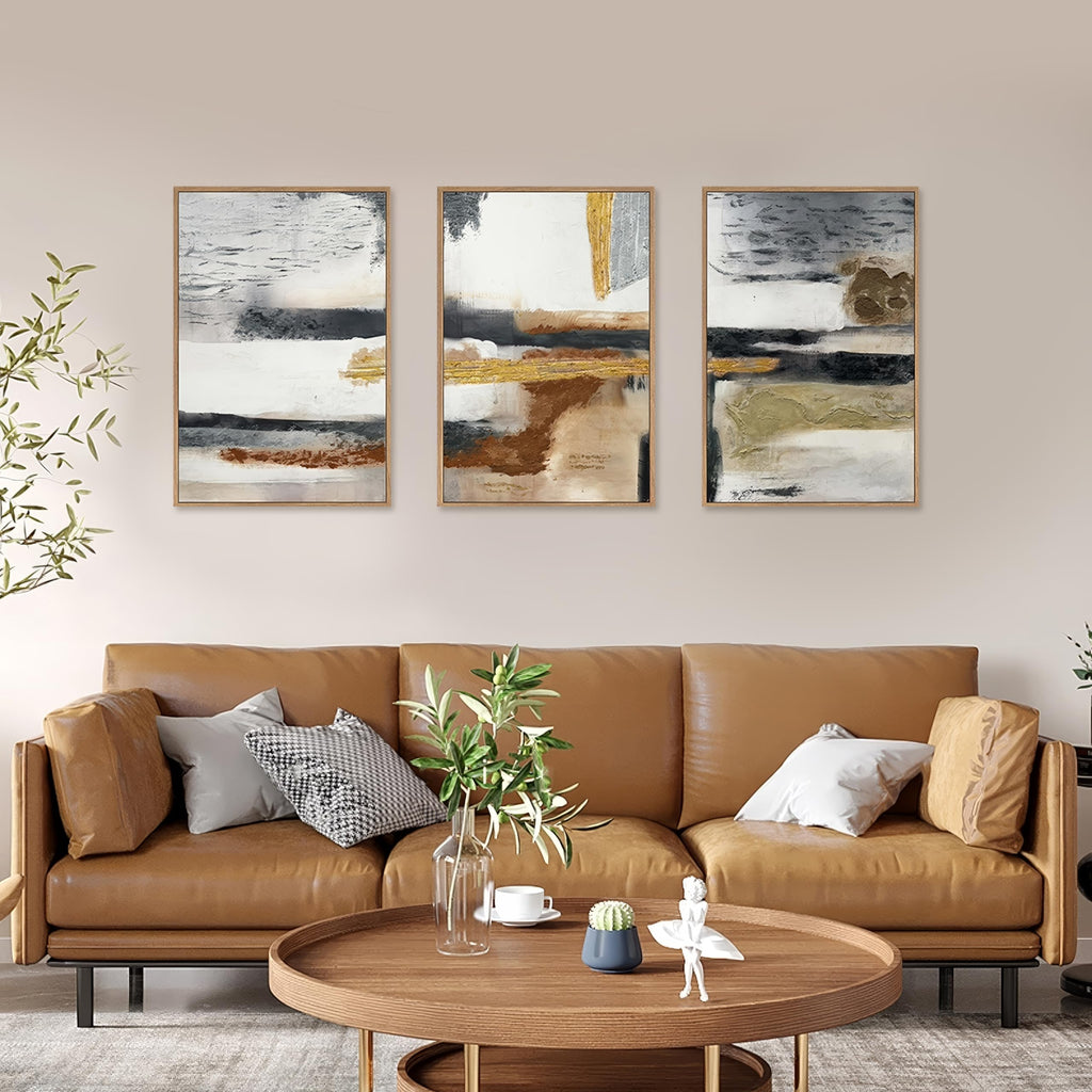 Set of 3 16"X24" Woodcut Mountain Pine Forest Sunrise Framed Canvas Wall Art Rustic Boho Wooden Print for Living Room Bedroom Office, Non-3D