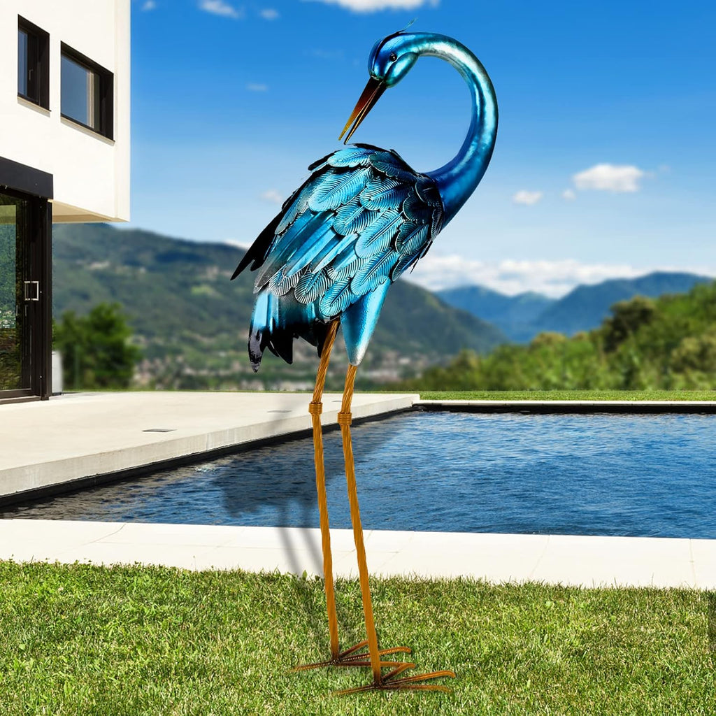 Chisheen Large Metal Blue Heron Crane Garden Statues Bird Decoy Lawn Ornaments for Backyard Pond Patio Porch Outdoor Decor