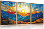 Set of 3 16"X24" Woodcut Mountain Pine Forest Sunrise Framed Canvas Wall Art Rustic Boho Wooden Print for Living Room Bedroom Office, Non-3D