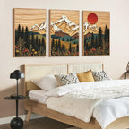 LHIUEM Vintage Woodcut Mountain Framed Canvas Wall Art,Forest Pine Tree Boho Wall Decor,Wilderness Sunset Landscape Artwork for Living Room,Bedroom,Dining Room,Office -16"x24"x3