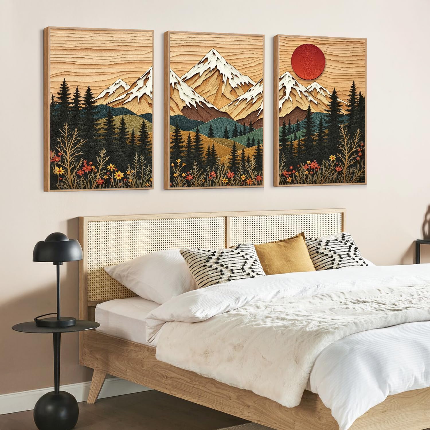 LHIUEM Vintage Woodcut Mountain Framed Canvas Wall Art,Forest Pine Tree Boho Wall Decor,Wilderness Sunset Landscape Artwork for Living Room,Bedroom,Dining Room,Office -16"x24"x3