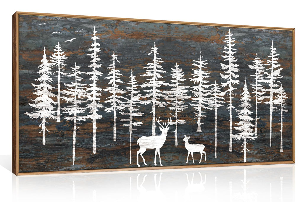 Set of 3 16"X24" Woodcut Mountain Pine Forest Sunrise Framed Canvas Wall Art Rustic Boho Wooden Print for Living Room Bedroom Office, Non-3D