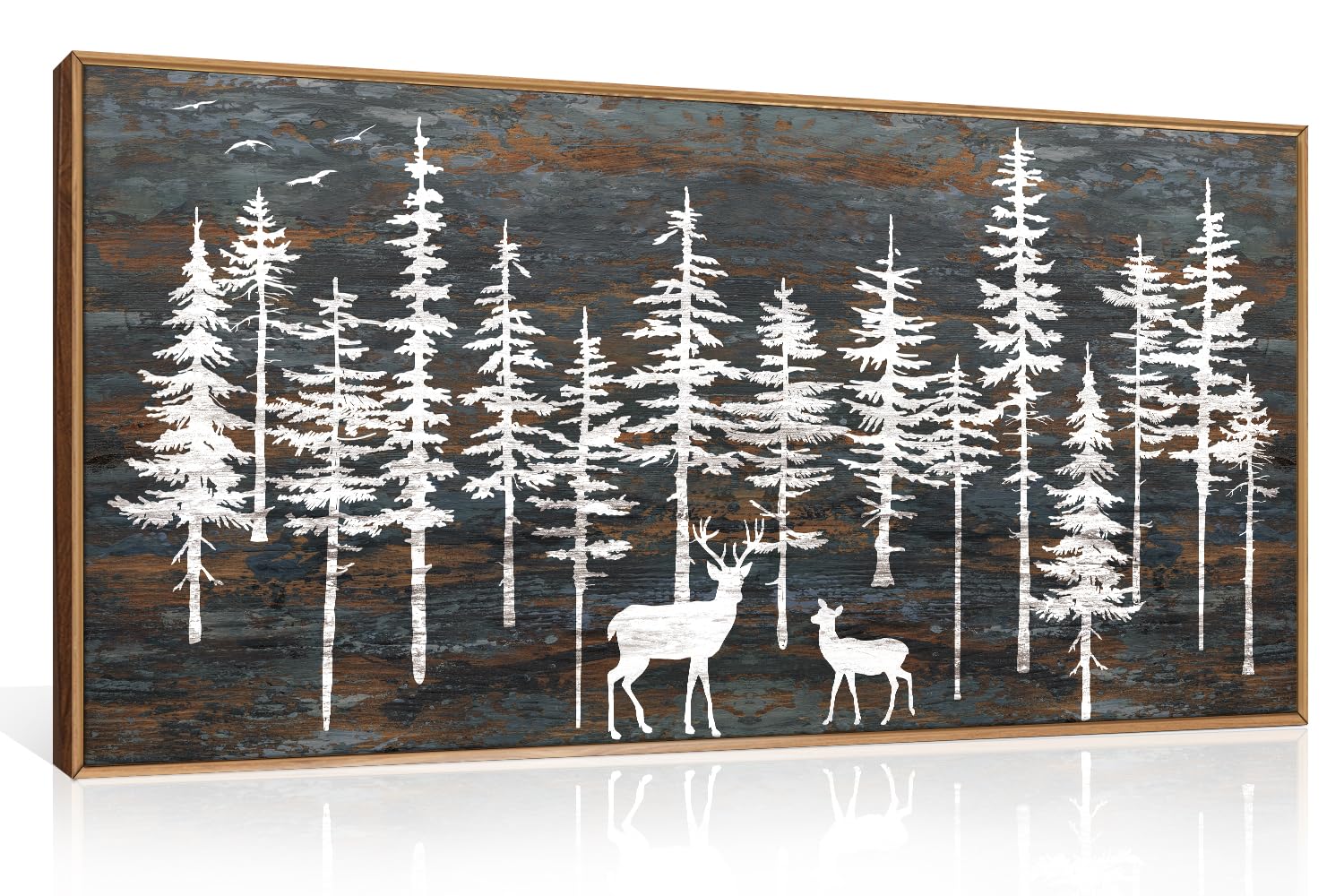 Set of 3 16"X24" Woodcut Mountain Pine Forest Sunrise Framed Canvas Wall Art Rustic Boho Wooden Print for Living Room Bedroom Office, Non-3D