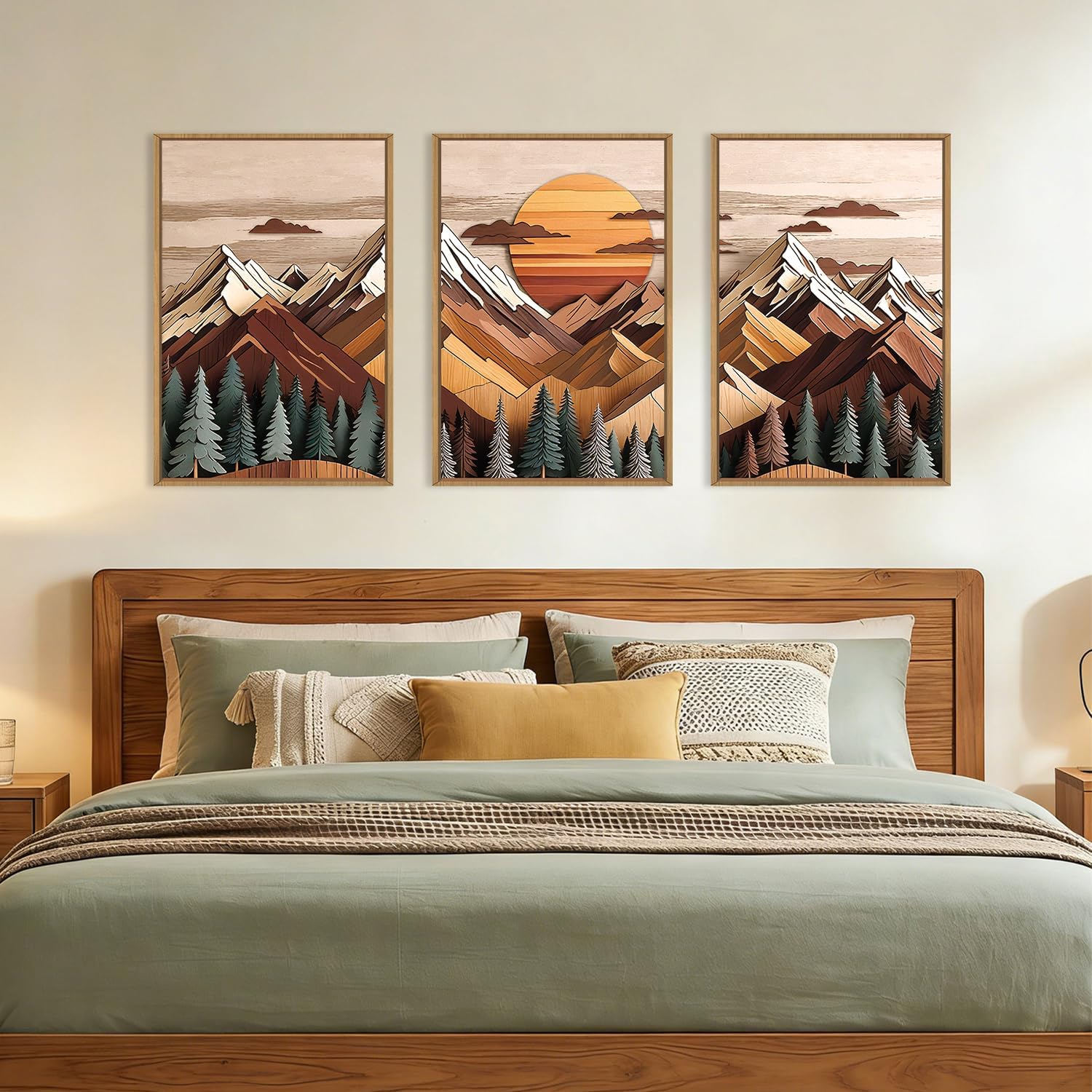 KAIRNE Woodcut Style Mountain Framed Canvas Wall Art Set,Wooden Pine Tree Wall Decor,Vintage Forest Landscape Art Prints,Nature Sunrise Artwork for Living Room,Bedroom,Farmhouse,Office-16 x24 x3