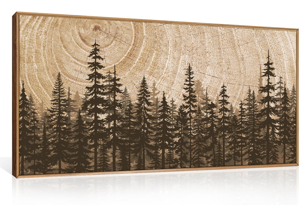 Set of 3 16"X24" Woodcut Mountain Pine Forest Sunrise Framed Canvas Wall Art Rustic Boho Wooden Print for Living Room Bedroom Office, Non-3D