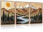 CHDITB Mountain Framed Canvas Wall Art Set of 3, 24"x36" Country Woodcut Style Wall Decor, Forest Nature Wilderness Wall Painting, Large Modern Art Prints for Living Room, Bedroom, Farmhouse, Office