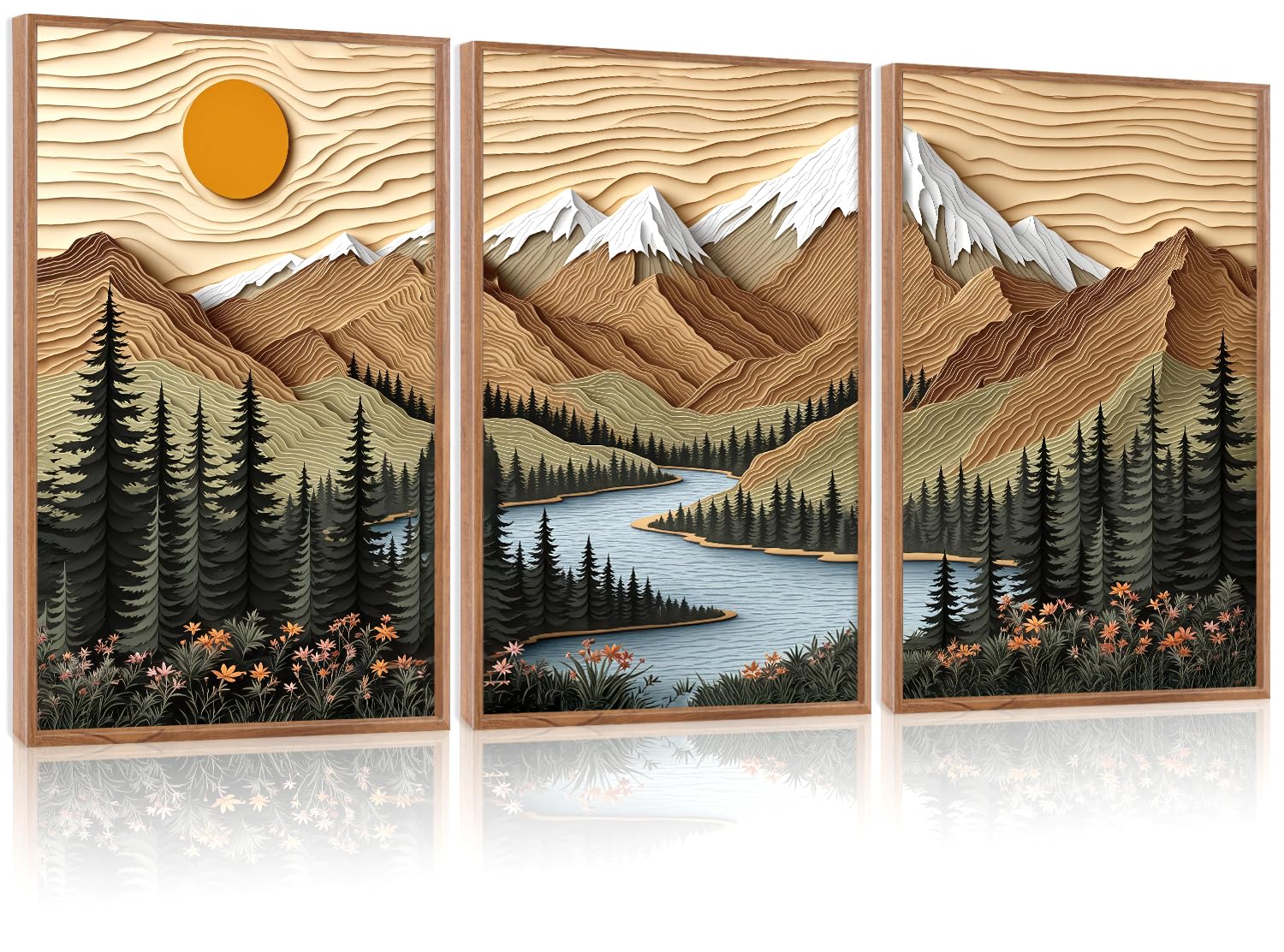 CHDITB Mountain Framed Canvas Wall Art Set of 3, 24"x36" Country Woodcut Style Wall Decor, Forest Nature Wilderness Wall Painting, Large Modern Art Prints for Living Room, Bedroom, Farmhouse, Office