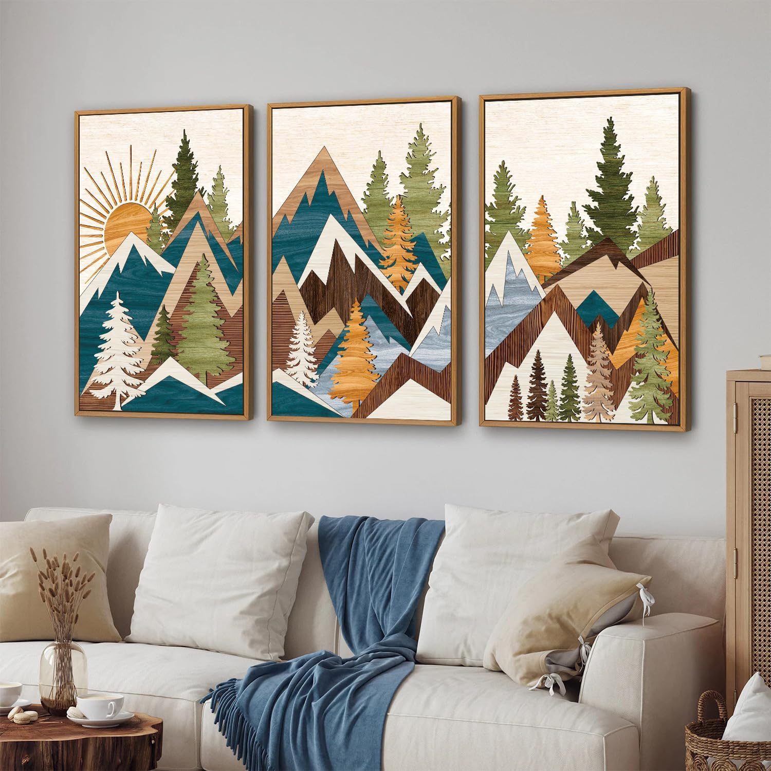 Tinonedraw Large Mountain Framed Canvas Wall Art, Boho Rustic Sunrise Forest Wall Decor, Vintage Woodsy Nature Art Painting, Modern Wilderness Trees Art Print for Living Room Bedroom Office 16"x24"x3
