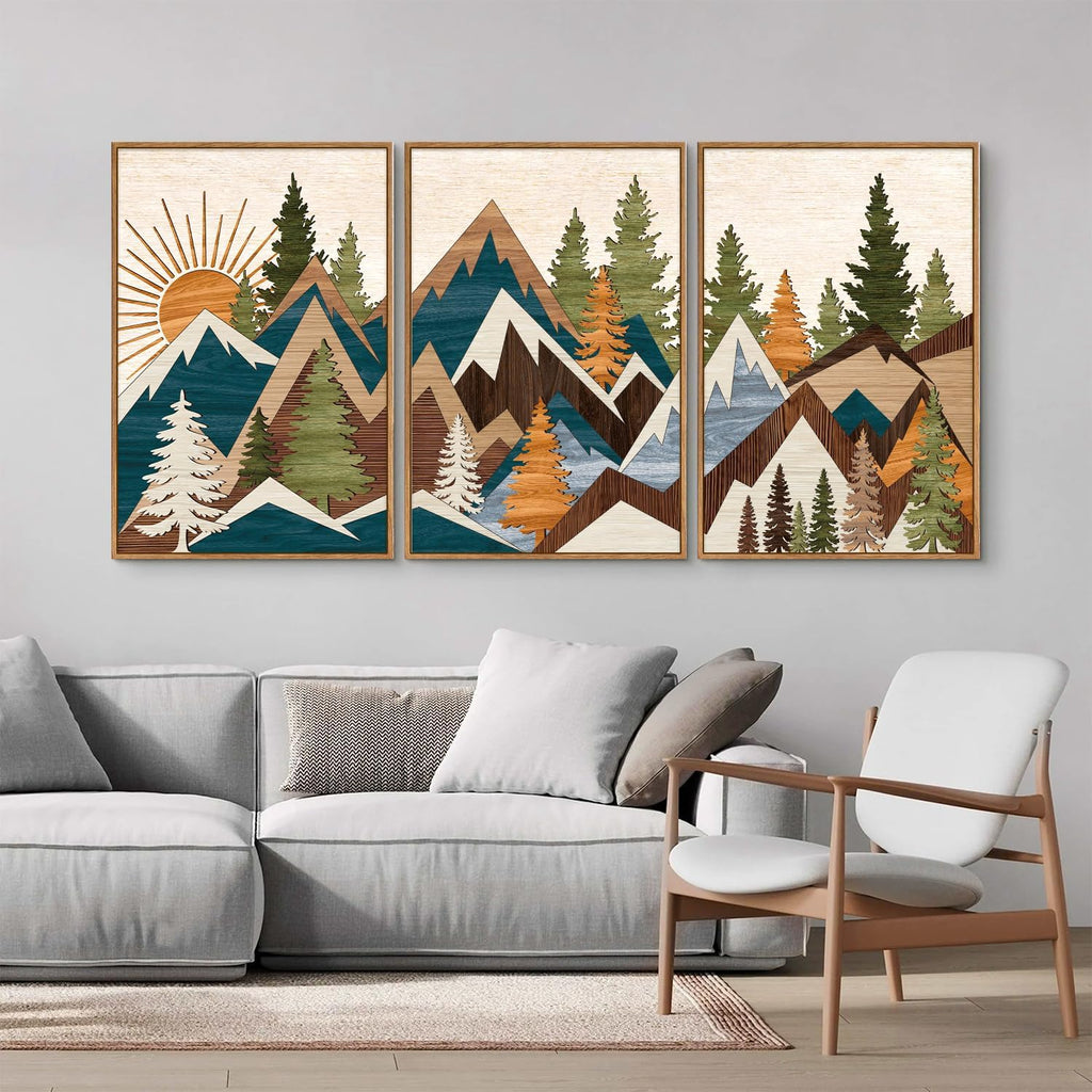 Tinonedraw Large Mountain Framed Canvas Wall Art, Boho Rustic Sunrise Forest Wall Decor, Vintage Woodsy Nature Art Painting, Modern Wilderness Trees Art Print for Living Room Bedroom Office 16"x24"x3
