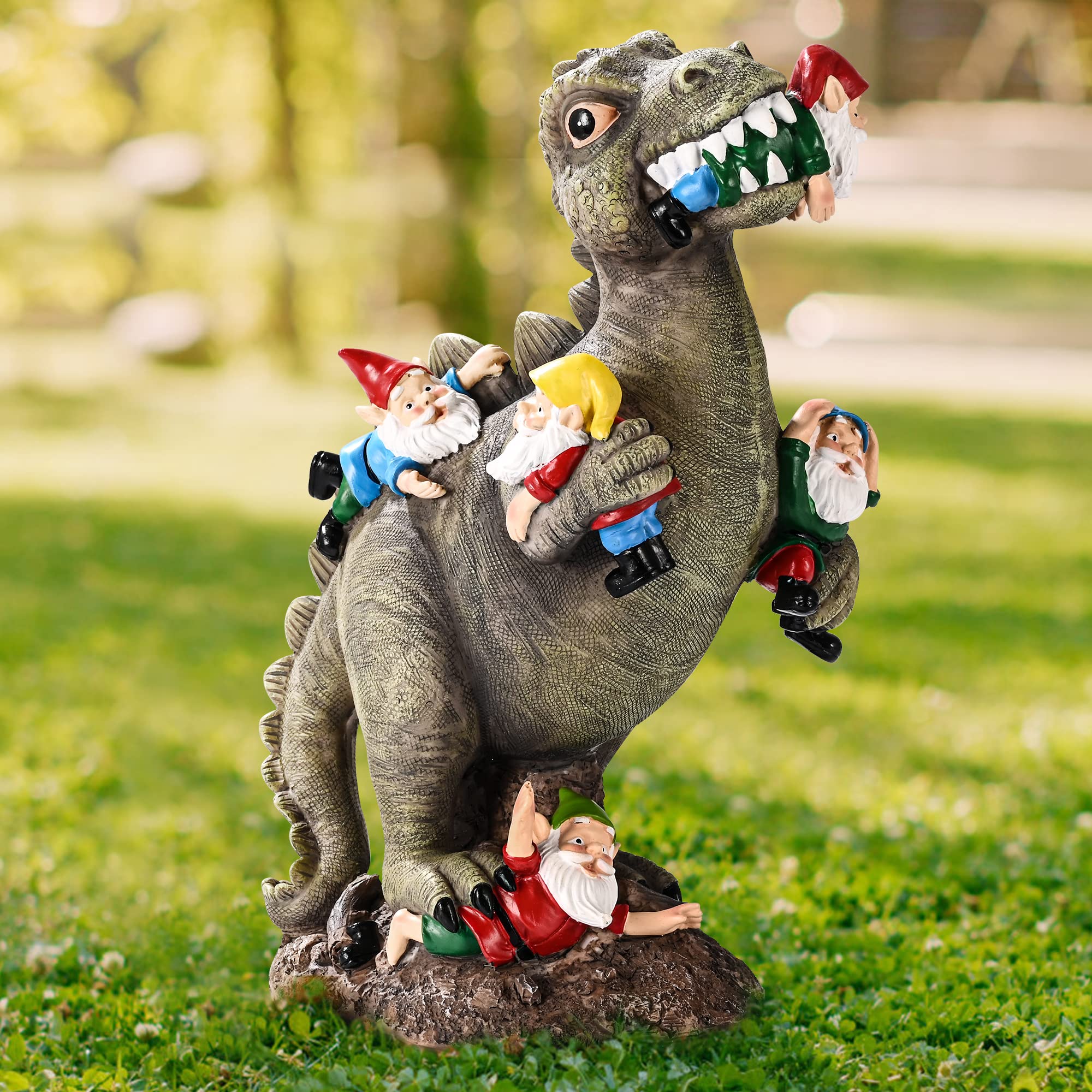 SOWSUN Garden Gnomes Statues Yard Decorations Outdoor Garden Decor, 14” Dinosaur Gnomes Garden Statues, Patio, Lawn Ornament, Gardening Gifts for Women for Housewarming