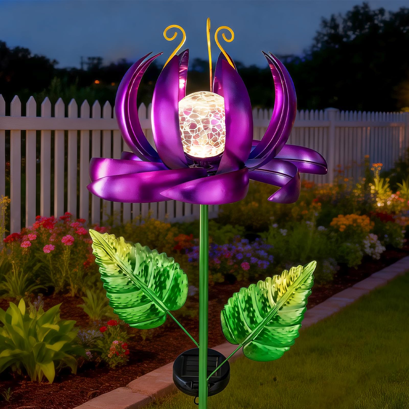 Solar Wind Spinner Metal Lotus Flower Garden Stake Lights LED Crackle Glass Globe Solar Yard Art for Patio Pathway Lawn Walkway Decor
