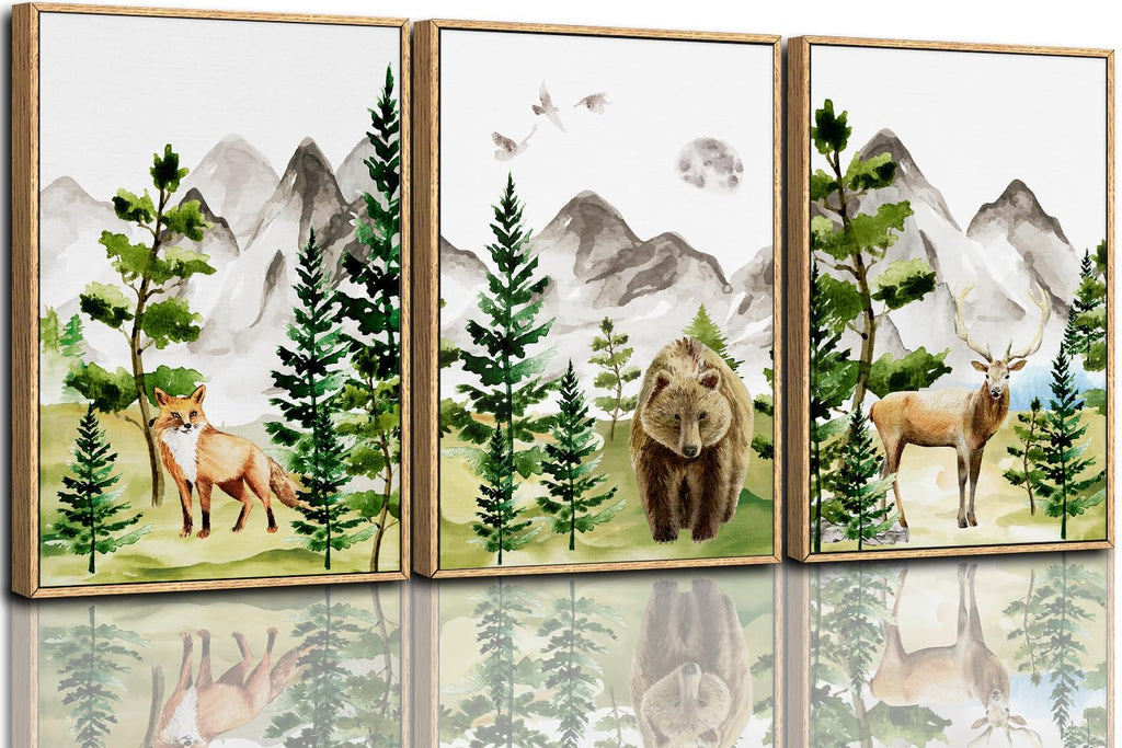 CHDITB Mountain Framed Canvas Wall Art Set of 3, 24"x36" Country Woodcut Style Wall Decor, Forest Nature Wilderness Wall Painting, Large Modern Art Prints for Living Room, Bedroom, Farmhouse, Office
