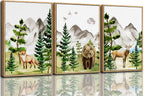 CHDITB Mountain Framed Canvas Wall Art Set of 3, 24"x36" Country Woodcut Style Wall Decor, Forest Nature Wilderness Wall Painting, Large Modern Art Prints for Living Room, Bedroom, Farmhouse, Office