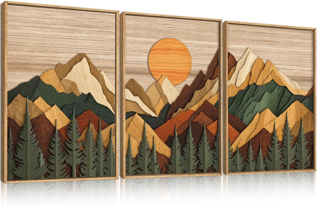 Set of 3 16"X24" Woodcut Mountain Pine Forest Sunrise Framed Canvas Wall Art Rustic Boho Wooden Print for Living Room Bedroom Office, Non-3D