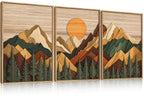 Set of 3 16"X24" Woodcut Mountain Pine Forest Sunrise Framed Canvas Wall Art Rustic Boho Wooden Print for Living Room Bedroom Office, Non-3D