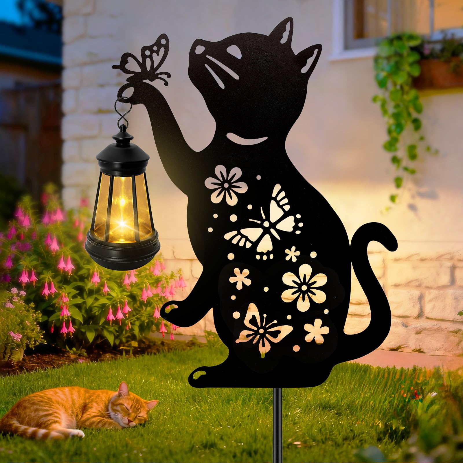 Cat Solar Lights Outdoor, 2 Pack Black Cat Hanging Lantern Waterproof, Cat Lover Gifts for Women Mom Birthday Mother's Day, Metal Garden Statue Yard Decor Patio Pathway Backyard Lawn Ornaments