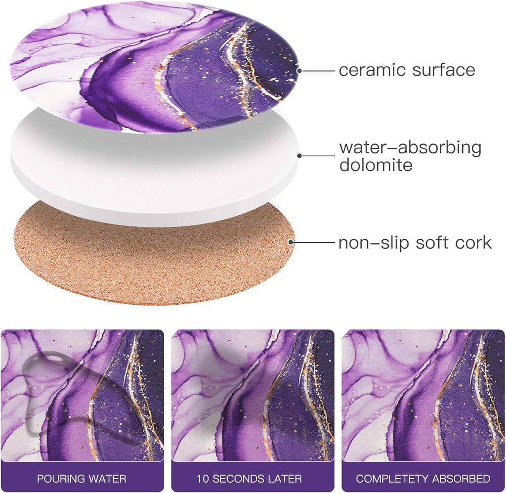 Purple Agate Coasters for drinks with Gold Holder,Absorbent Marble Coasters Set with Cork Base for Tabletop Protection,Stone Coasters for Coffee Table Kitchen Decor Gift Women Cup Bar Coasters