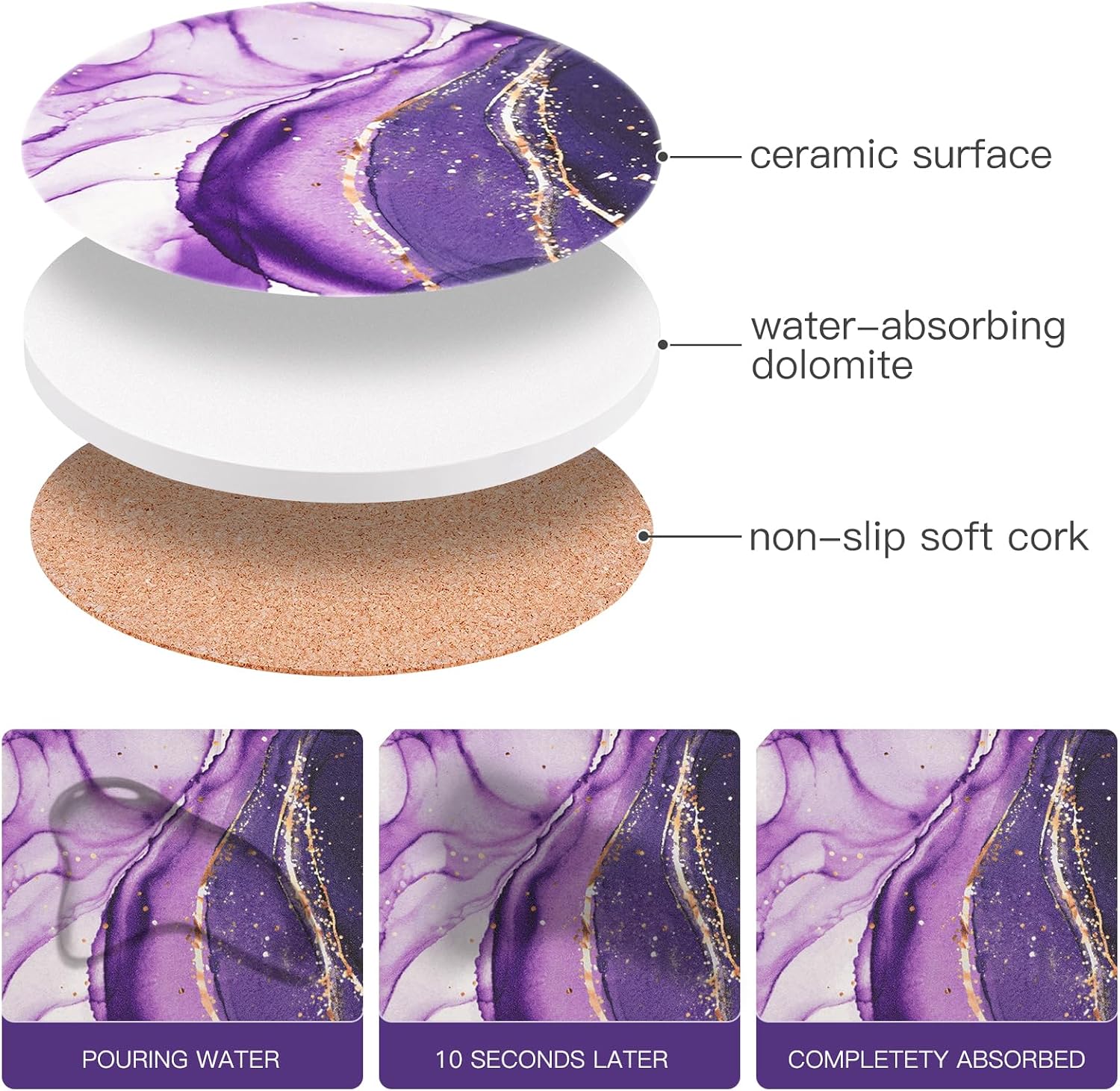 Purple Agate Coasters for drinks with Gold Holder,Absorbent Marble Coasters Set with Cork Base for Tabletop Protection,Stone Coasters for Coffee Table Kitchen Decor Gift Women Cup Bar Coasters