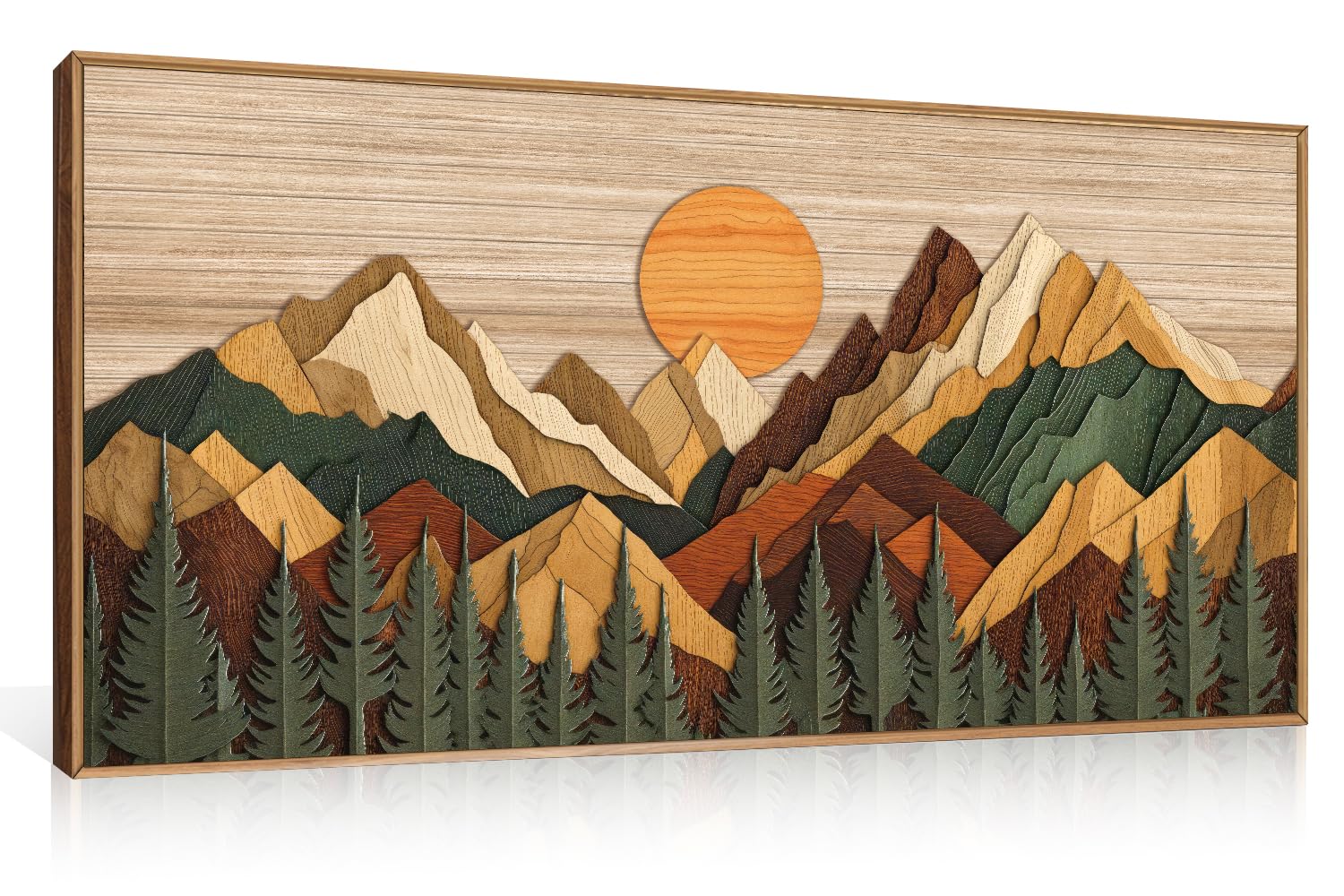 Set of 3 16"X24" Woodcut Mountain Pine Forest Sunrise Framed Canvas Wall Art Rustic Boho Wooden Print for Living Room Bedroom Office, Non-3D