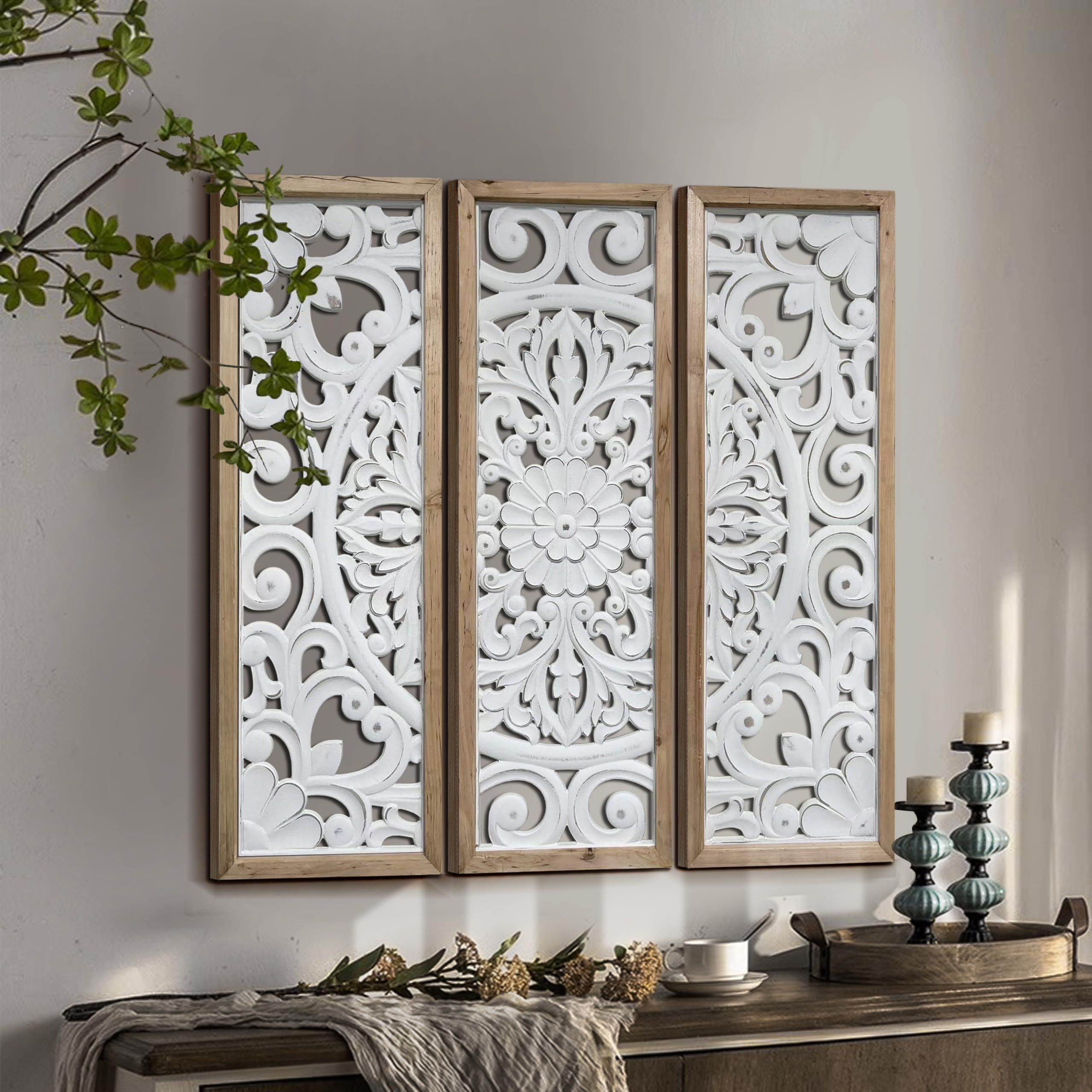 XIAOAIKA Boho Carved Wall Art Decor, 35.5 Inch Hand-Carved Panels, Antique Distressed White Wall Sculpture, Decorative Hanging Wall Décor, Elegant Vintage Wall Art Plaque (3 Panels)