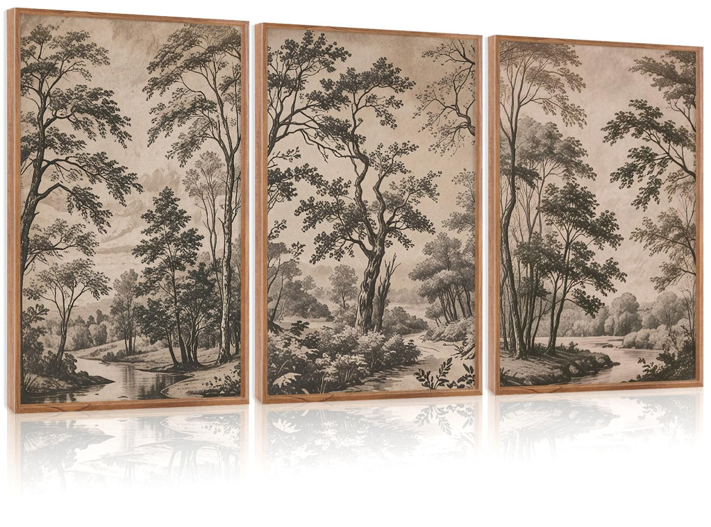 CHDITB Mountain Framed Canvas Wall Art Set of 3, 24"x36" Country Woodcut Style Wall Decor, Forest Nature Wilderness Wall Painting, Large Modern Art Prints for Living Room, Bedroom, Farmhouse, Office