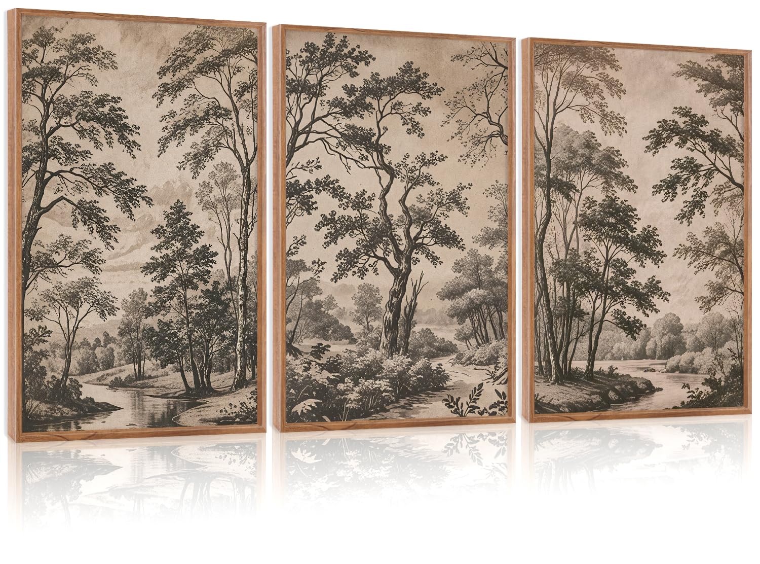 CHDITB Mountain Framed Canvas Wall Art Set of 3, 24"x36" Country Woodcut Style Wall Decor, Forest Nature Wilderness Wall Painting, Large Modern Art Prints for Living Room, Bedroom, Farmhouse, Office