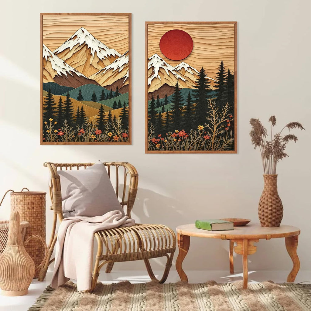 LHIUEM Vintage Woodcut Mountain Framed Canvas Wall Art,Forest Pine Tree Boho Wall Decor,Wilderness Sunset Landscape Artwork for Living Room,Bedroom,Dining Room,Office -16"x24"x3