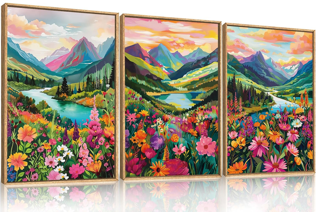 Set of 3 16"X24" Woodcut Mountain Pine Forest Sunrise Framed Canvas Wall Art Rustic Boho Wooden Print for Living Room Bedroom Office, Non-3D