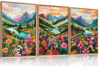 Set of 3 16"X24" Woodcut Mountain Pine Forest Sunrise Framed Canvas Wall Art Rustic Boho Wooden Print for Living Room Bedroom Office, Non-3D