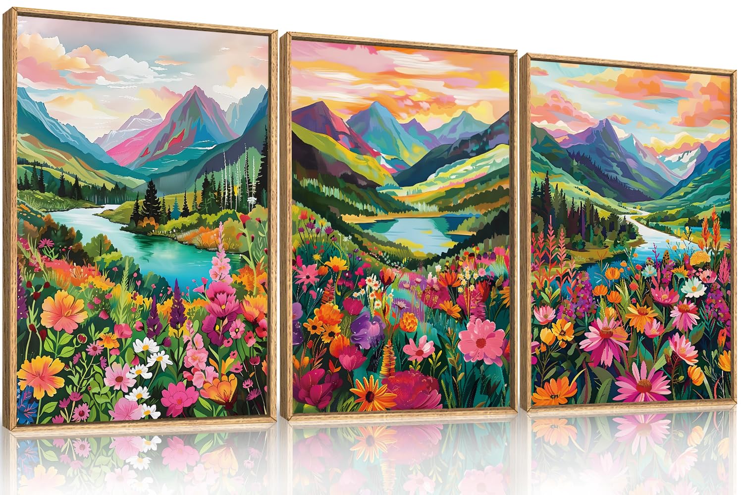Set of 3 16"X24" Woodcut Mountain Pine Forest Sunrise Framed Canvas Wall Art Rustic Boho Wooden Print for Living Room Bedroom Office, Non-3D