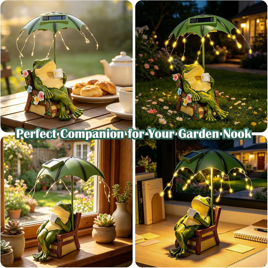 Pohabery Solar Frog Garden Statue - Outdoor Waterproof Decor with Umbrella LED Lights, Funny Relaxing Frog Figurine, Patio Balcony Lawn Ornament, Unique Animal Sculpture Gift