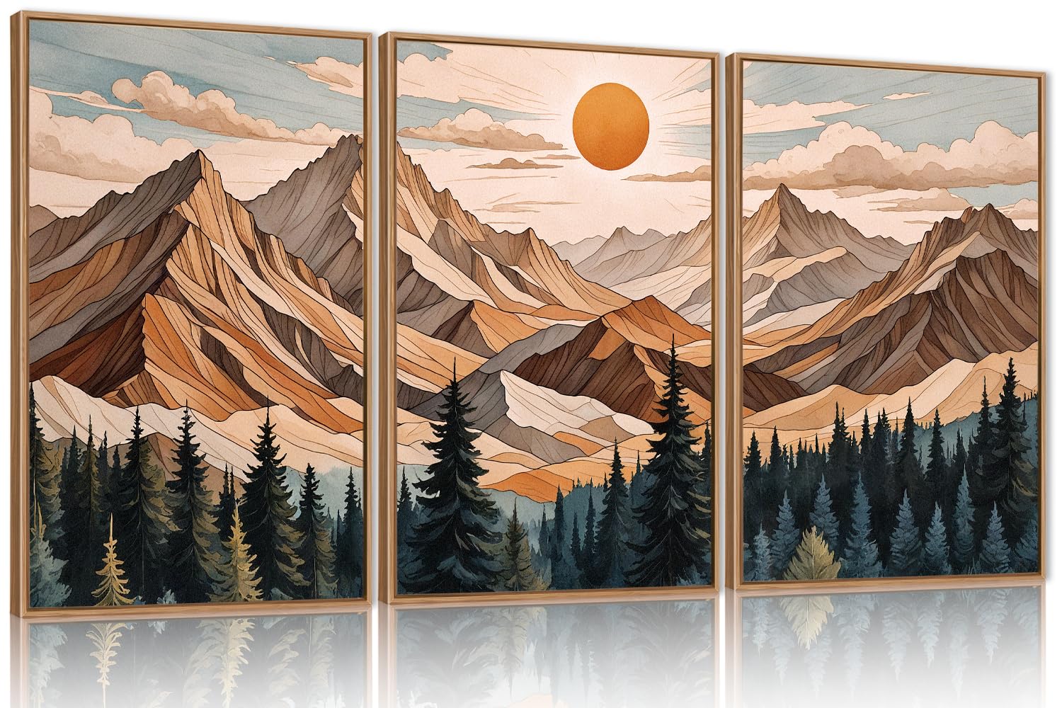 KAIRNE Woodcut Style Mountain Framed Canvas Wall Art Set,Wooden Pine Tree Wall Decor,Vintage Forest Landscape Art Prints,Nature Sunrise Artwork for Living Room,Bedroom,Farmhouse,Office-16 x24 x3