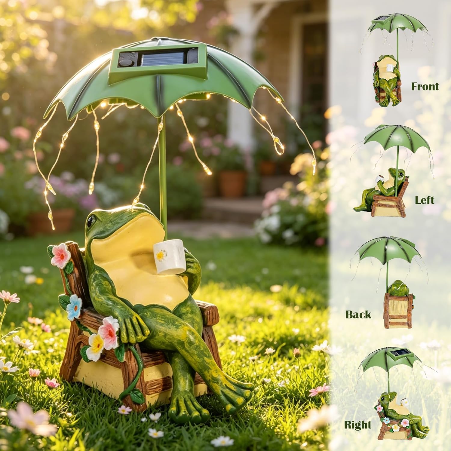 Pohabery Solar Frog Garden Statue - Outdoor Waterproof Decor with Umbrella LED Lights, Funny Relaxing Frog Figurine, Patio Balcony Lawn Ornament, Unique Animal Sculpture Gift