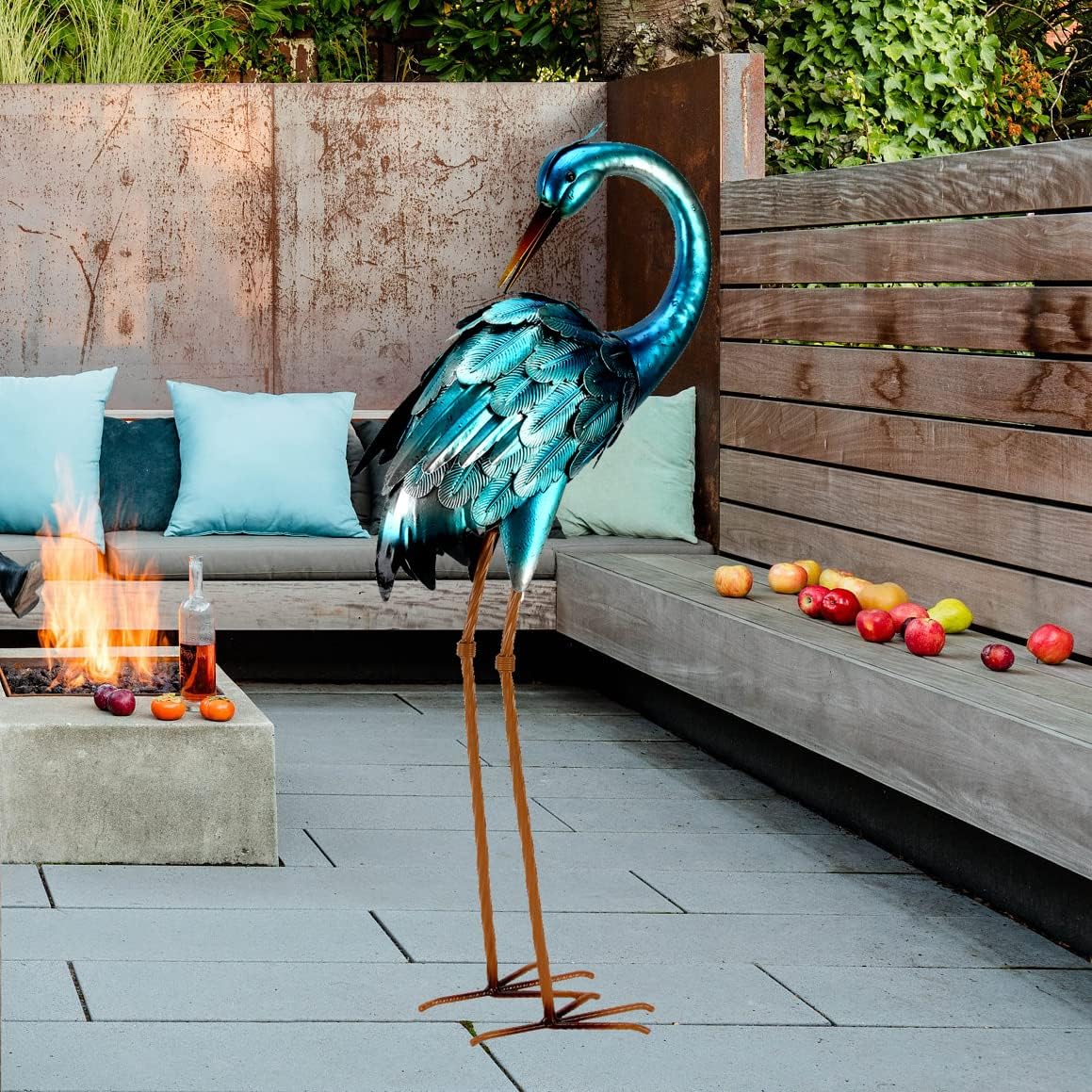 Chisheen Large Metal Blue Heron Crane Garden Statues Bird Decoy Lawn Ornaments for Backyard Pond Patio Porch Outdoor Decor