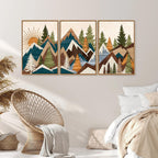 Tinonedraw Large Mountain Framed Canvas Wall Art, Boho Rustic Sunrise Forest Wall Decor, Vintage Woodsy Nature Art Painting, Modern Wilderness Trees Art Print for Living Room Bedroom Office 16"x24"x3