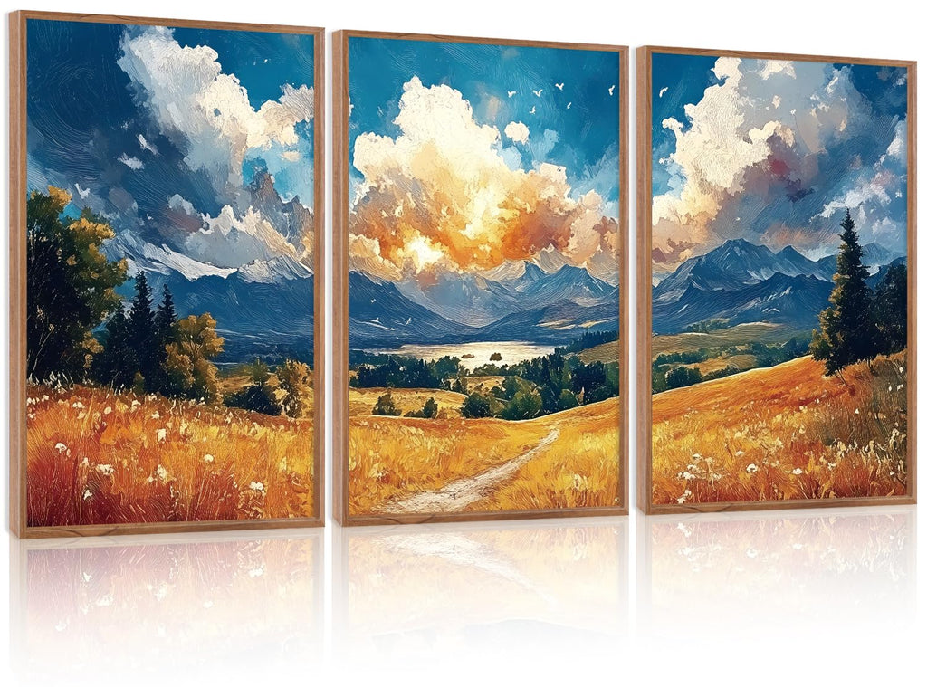LHIUEM Vintage Woodcut Mountain Framed Canvas Wall Art,Forest Pine Tree Boho Wall Decor,Wilderness Sunset Landscape Artwork for Living Room,Bedroom,Dining Room,Office -16"x24"x3