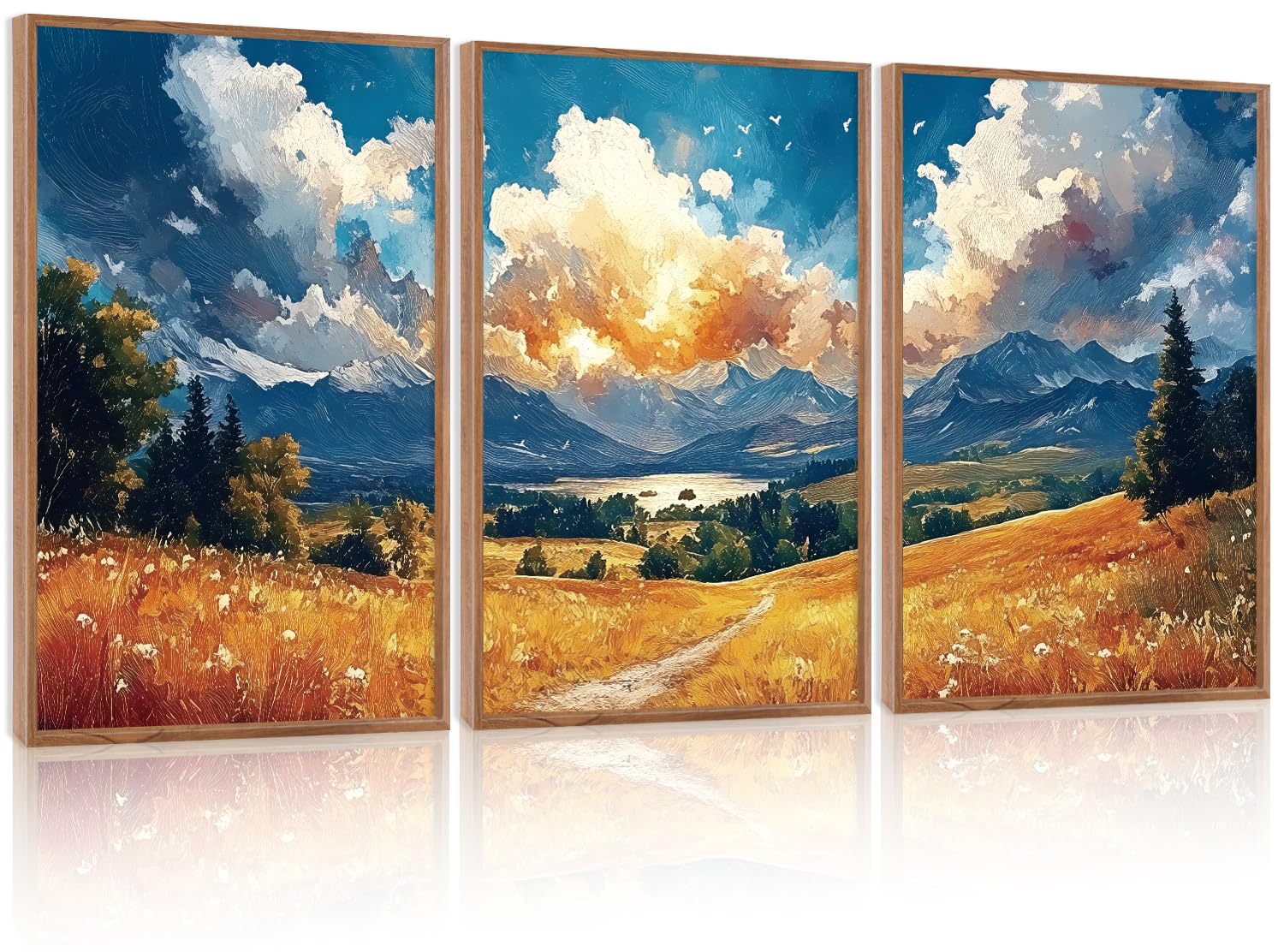 LHIUEM Vintage Woodcut Mountain Framed Canvas Wall Art,Forest Pine Tree Boho Wall Decor,Wilderness Sunset Landscape Artwork for Living Room,Bedroom,Dining Room,Office -16"x24"x3