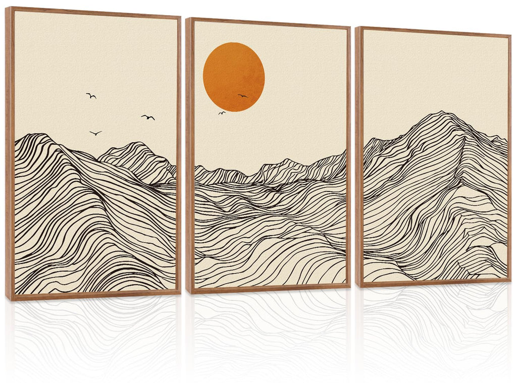 LHIUEM Vintage Woodcut Mountain Framed Canvas Wall Art,Forest Pine Tree Boho Wall Decor,Wilderness Sunset Landscape Artwork for Living Room,Bedroom,Dining Room,Office -16"x24"x3